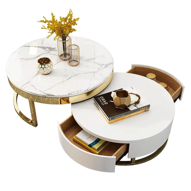 モダンなリビングルーム家具収納ティーテーブルゴールドステンレススチールセンターソファラウンドマーブルコーヒーテーブル