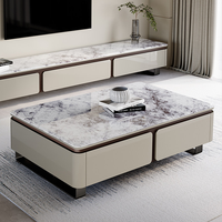 Juego de Mesa de Centro Moderno de Lujo Contemporáneo de Piedra Sinterizada y Madera con Almacenamiento, Diseño Duradero para Múltiples Usos en Sala de Estar, Dormitorio y Comedor