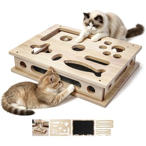 Caja de juguetes de madera para gatos con agujeros y superficie para rascar, para el juego y entretenimiento de los gatos - Product Image 1