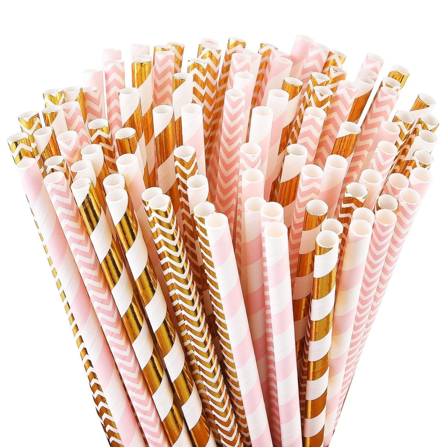 Biodegradable Modern Pink Gold Paper Straws 100/Pack for Valentine's Day Birthday Wedding Bridal/Baby Shower Celebrations