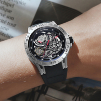 Montre mécanique automatique classique HANBORO pour homme, design ajouré, aiguilles lumineuses, étanche, verre de 24 mm, bracelet en caoutchouc, tendance