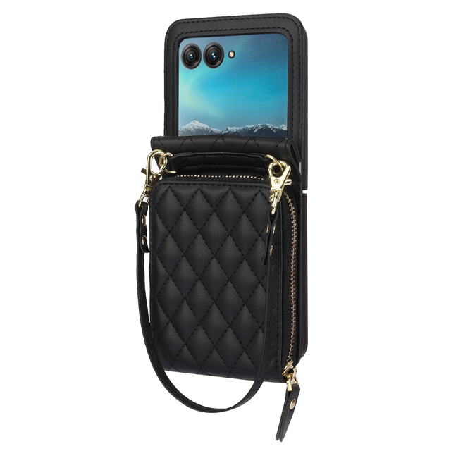 Crossbody TPU+Leather Magnetic Shockproof Waterproof Phone Case Wallet Card Holder Lanyard Strap for Moto Razr 40 Ultra 50 60