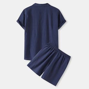 Setelan pakaian kasual leher V pria, kerah V berkancing lengan pendek celana pendek Linen berongga Set dua potong kain Linen laki-laki bercetak - Product Image 5
