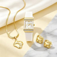 Conjunto de Reloj de Moda para Mujer con Caja Cuadrada de Aleación de 33 mm, Bisel con Pedrería, Joyería de Acero Inoxidable