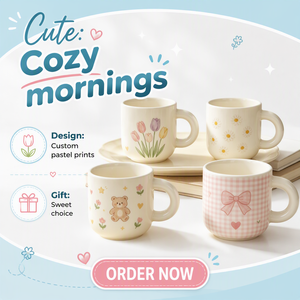 Set di Tazze in Ceramica con Simpatici Disegni di Orso, Tulipano, Margherita e Fiocco, Tazza da Caffè Rosa Pastello a Quadretti per Donne e Ragazze, Regalo Kawaii per Casa e <span class=keywords><strong>Cucina</strong></span> - Product Image 2