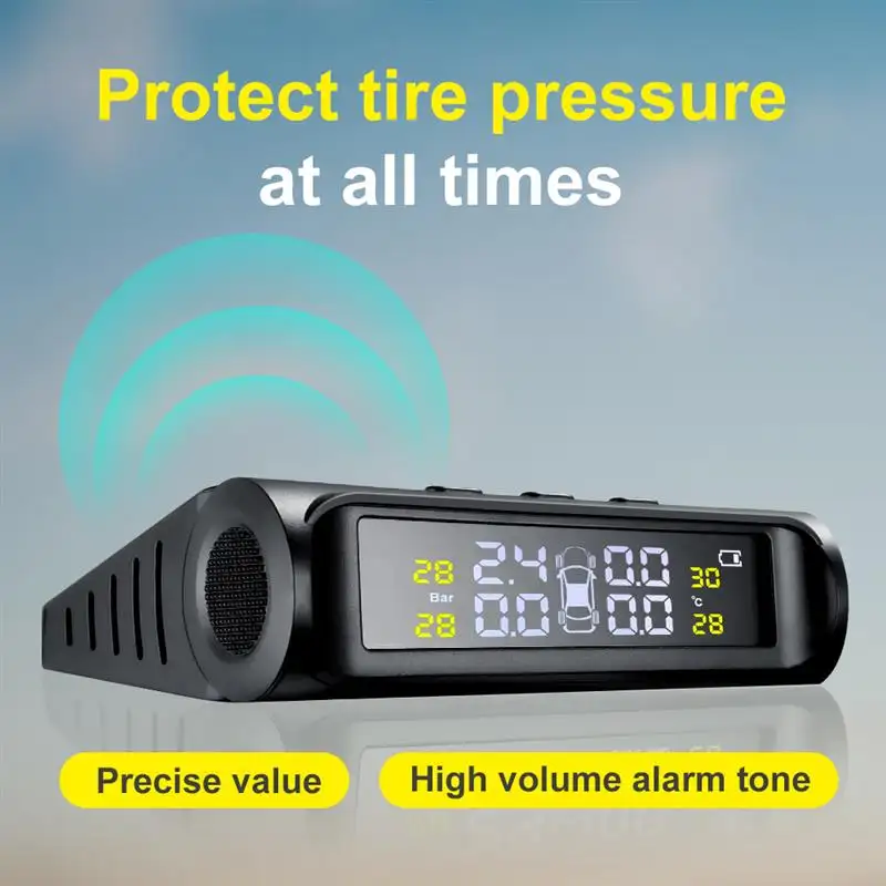 Universal Car TPMS Tyre Wireless Tire Pressure Monitoring System Solar Power Clock LCD Display Auto Security Alarm Systems