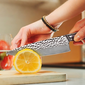 Ensemble de couteaux de cuisine de chef en acier martelé à 3 pièces avec manche en bois Pakka, logo personnalisé promotionnel, <span class=keywords><strong>couteau</strong></span> <span class=keywords><strong>japonais</strong></span> <span class=keywords><strong>Santoku</strong></span> utilitaire - Product Image 3