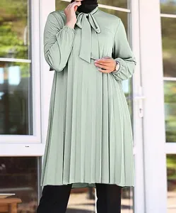 Оптовая продажа, женская летняя шифоновая плиссированная Однотонная рубашка с длинным рукавом, Дубай, Турция, абайя, блузы, повседневные Длинные Топы, женская мусульманская блузка