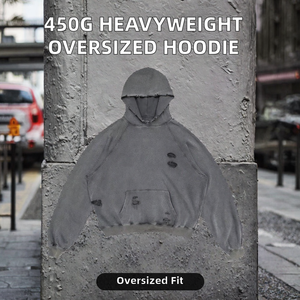Sweat à capuche oversize pour homme, gris uni, en molleton bouclette, avec poche et détails usés - Product Image 2