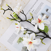 Bunga Magnolia Buatan Real Touch dari Plastik Lembut dengan 4 Kepala untuk Dekorasi Rumah Indoor, Bunga Magnolia Real Touch Baru