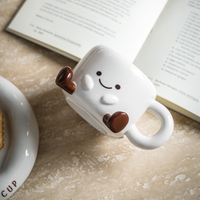 Mug à café en céramique mignon avec soucoupe, motif adorable visage souriant et pied, idéal pour la maison, le bureau ou comme cadeau