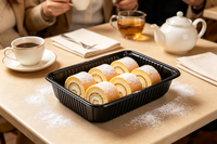 Boîte d'emballage alimentaire en PP noir écologique avec couvercle, impression de logo personnalisable, épaisseur sur mesure, pour viande, sushi, bento, fruits de mer, vente en gros