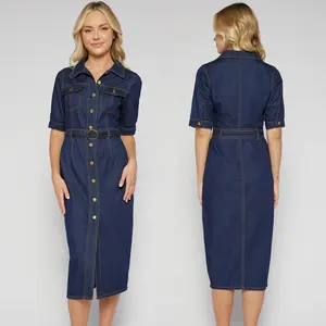 2024 Nieuwe Custom Groothandel Vrouwen Turndown Kraag Knoop Jurk Casual Chambray Denim Midi Jurken Slim Fit Casual Jurk