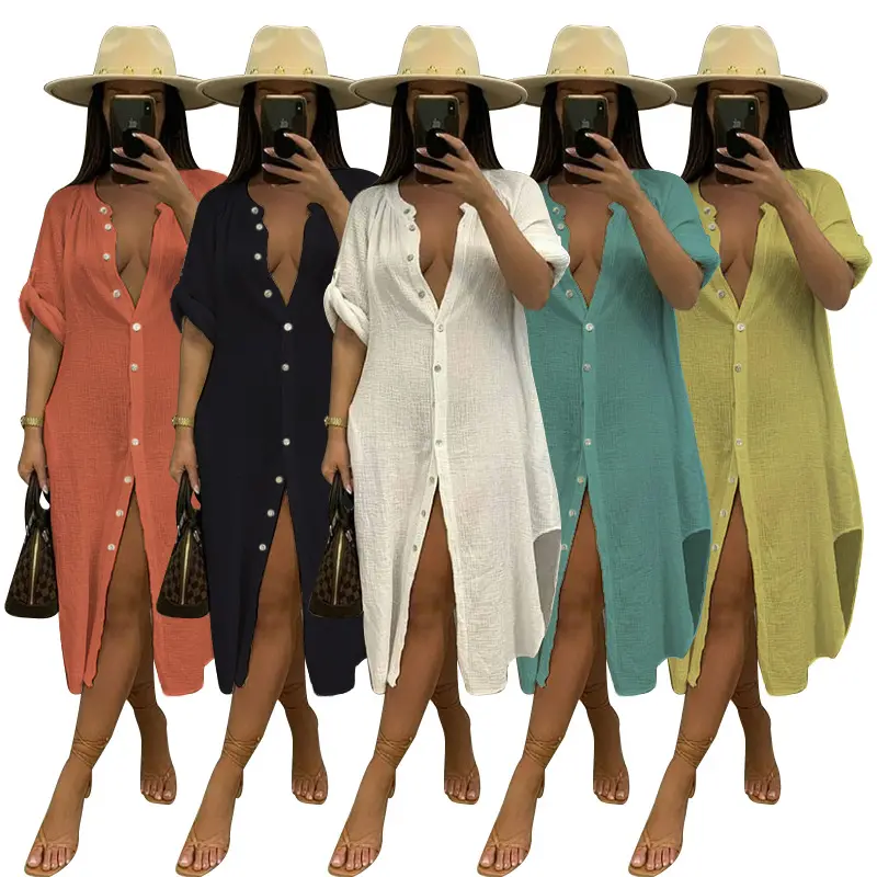 2022 custom logo poly crepe ladies button down shirt dress long sleeves casual brown blouse dress women shirt dress for women