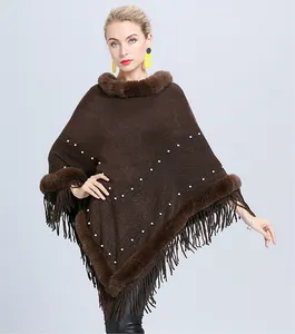 Wholesale High Quality Neck Warm Pullover Poncho Fur Collar Scarf Blanket With Tassels Winter Capes Shawls For Women