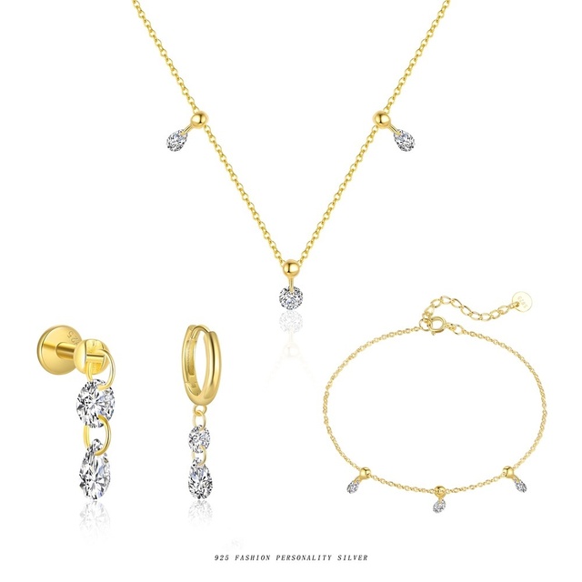 Fashion S925 Sterling Silver Jewelry Set 18K Gold Plated Round Zircon Necklace and Bracelet Set