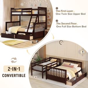 New Style Wooden Bunk <strong>Beds</strong> Convertible Espresso Color Twin Over Full Bunk <strong>Bed</strong> <strong>with</strong> 2 Storage Drawers - Product Image 4