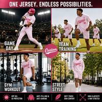 Maillot de baseball personnalisé en polyester à rayures fines, entièrement boutonné, sublimé, respirant et anti-humidité, pour la sensibilisation au cancer du sein, kits d'équipe de baseball