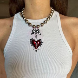 Collier gothique punk rouge avec croix en métal et pendentif nœud pour femme, bijoux de mode style rétro - Product Image 1