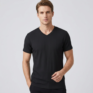 Camiseta de algodón de punto informal de manga corta con cuello en V para hombre, color sólido, corte regular, transpirable, ecológica, de secado rápido, negra - Product Image 3