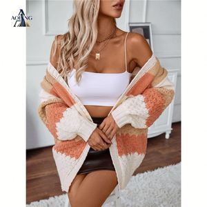 <span class=keywords><strong>Cardigan</strong></span> en tricot de luxe pour femme, à rayures, à manches longues, à blocs de couleurs, texturé, chaud, à ouverture frontale, vente en gros - Product Image 5