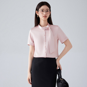 Women's Professional Summer Short Sleeve Blouse With Ribbon Solid Color Work Shirt For Commuting And Office Wear - Product Image 2
