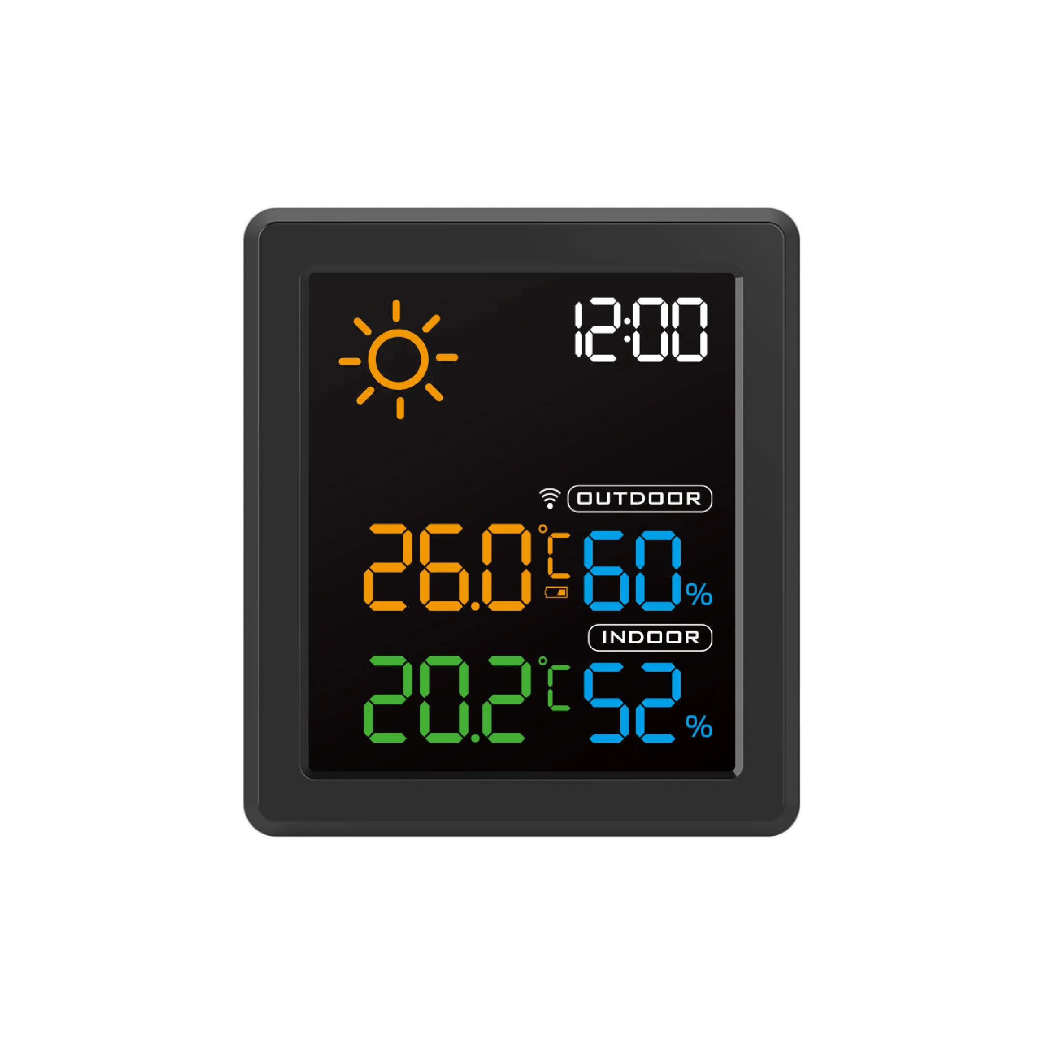 Digital small color weather station clock with indoor outdoor temperature humidity and time display