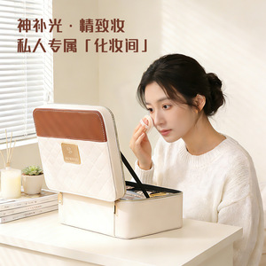 กระเป๋าเครื่องสำอางแบบพกพาพร้อมกระจก LED คุณภาพพรีเมียม ดีไซน์สีสันตัดกัน ช่องเก็บของหลายช่อง พร้อมซิปและหูหิ้วนุ่ม - Product Image 3