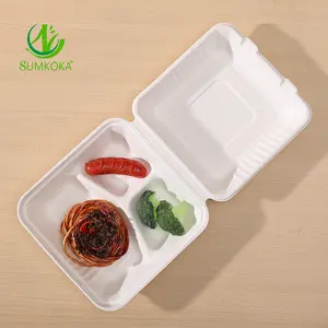 Sumkoka Factory Outlet 1000ml Composable 3 Compartment Bagasse Microwave Clamshell Box Food Container