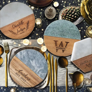 Sous-verres ronds en marbre et bois écologiques de luxe pour la maison, le bureau ou les fêtes de Noël, élégants pour la table, porte-gobelets et boissons - Product Image 2
