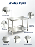 Table de travail de cuisine commerciale en acier inoxydable personnalisable, vente en gros d'usine, plan de travail en acier inoxydable