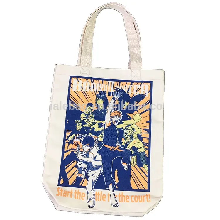 Customized japan cartoon printed zipper cotton canvas tote shopping bag