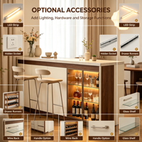 Meuble de bar moderne personnalisé, durable et écologique, avec vitrine à vin, éclairage LED, dessus en pierre, bordure en bois, comptoir îlot, OEM ODM