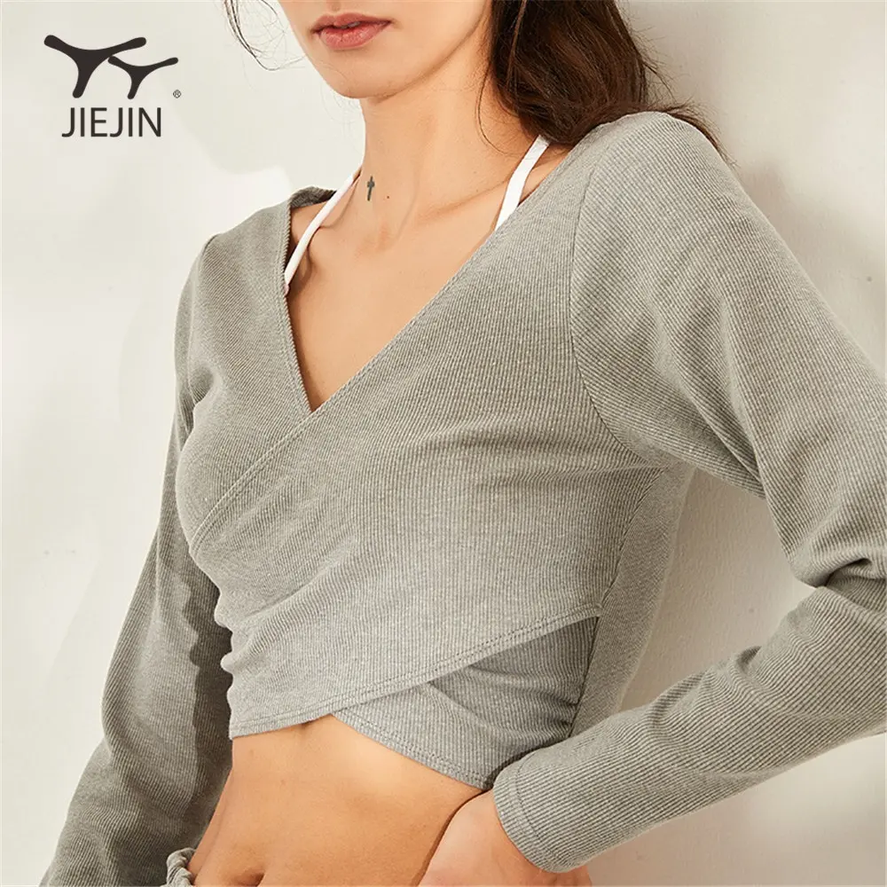 Jiejin Sports Women woman tops fashionable long sleeve workout top black long sleeve crop top