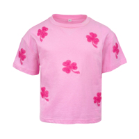 Mädchen-Blusen aus Baumwolle, Kinderkleidung, Rosa Kleeblatt-Chenille-Aufnäher, Rundhals-Kurzarm-Freizeitshirt, Boutique-Großhandel