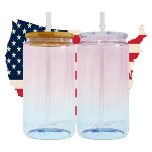 USA warehouse universe pink blue Milky Way 16oz transparent peach soda glass can with pp/bamboo lids for sublimation and vinyl