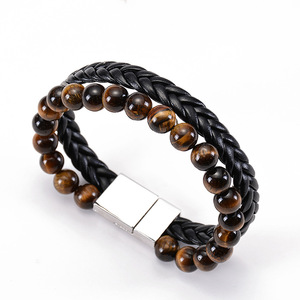 Pulsera de cuero de ojo de tigre de piedra Natural para hombre, brazalete de doble fila con cierre magnético - Product Image 2