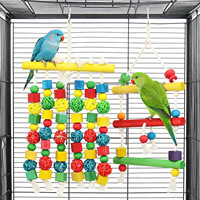 Jouet interactif pour oiseaux : Décoration de cage suspendue en rotin style cascade, blocs de bois et boules, pour grimper et mâcher