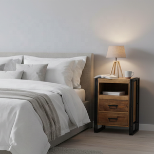 Mesita de Noche Industrial de Madera de Mango y Hierro |   Mesita de Noche Rústica con Cajones |   Muebles de Dormitorio Hechos a Mano - Product Image 2