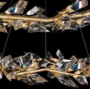 Lustre de luxe d'anneau d'or de mariage de lumière suspendue linéaire en cristal de décoration avec des feuilles - Product Image 6