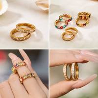Ensemble de bagues de couple plaquées or avec pierres précieuses multicolores, alliance cocktail et alliance éternité, bijoux statement pour homme et femme