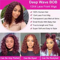 Perruque Bob Deep Water Wave 99J Bourgogne en Cheveux Humains Brésiliens Remy 13x4 avec Dentelle Transparente Courte Bouclée Pré-Pluckée