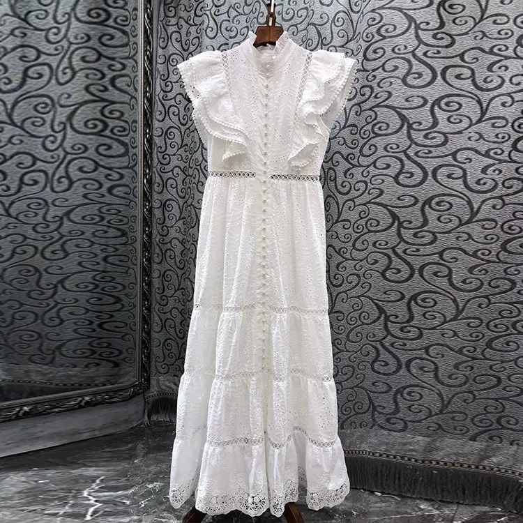 Long Maxi Dress 2023 Spring Summer Party Evening Women Hollow Out Embroidery Ruffle Flower Elegant Long White Green Black Dress
