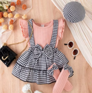 أزياء جديدة للفتيات الصغيرات + تنورة حمالة منقوشة + قبعة طقم طفل حديث الولادة ثلاث قطع - Product Image 1