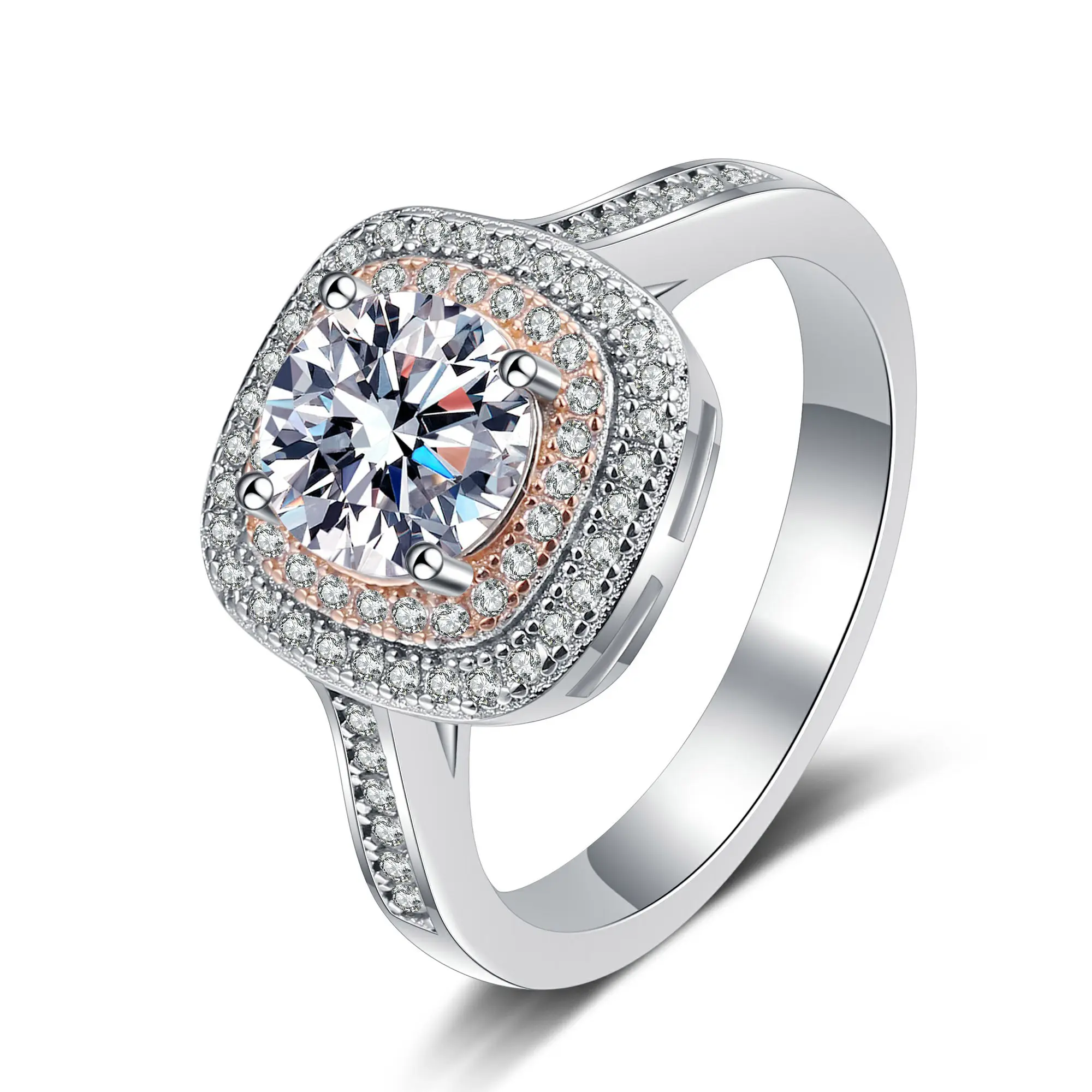 Anillo de bodas de plata de ley 925 PT950, anillo de oro, conjunto de joyería de moda para mujer con anillo de diamante Mossan rosa