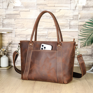 Sac fourre-tout unisexe pour ordinateur portable 14 pouces, pour femmes et hommes, en cuir Crazy Horse, avec bandoulière amovible, grande capacité - Product Image 1