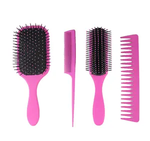 Outils de coiffure 4 pièces Ensemble de brosses et peignes de barbier en gros Brosse et peignes roses antistatiques en plastique carbone ABS - Product Image 1