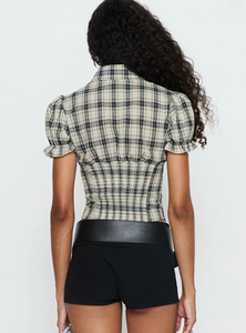 Blusa Corta a Cuadros Vintage para <span class=keywords><strong>Mujer</strong></span>, Estilo Y2K, Manga Corta Abullonada, Cuello Camisero con Botones y Detalle Fruncido en la Parte Delantera, para un Estilo Casual y Preppy - Product Image 3