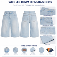 Shorts Bermuda en jean denim pour femme, coupe large, délavage clair, faible élasticité, avec bouton et fermeture éclair, vente en gros