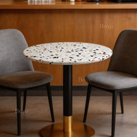 Mesa de Comedor de Terrazo Colorida con Borde Redondeado Estilo Bistro, Mesa de Café de Terrazo Cuadrada Pequeña con Estructura Metálica para Restaurante